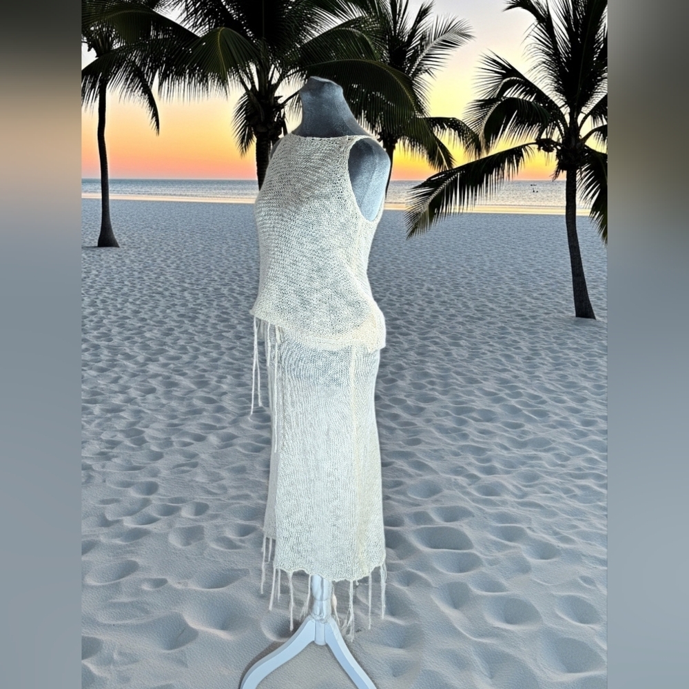Blakeley Beige Knitted Fringe Top & Skirt swim cover up One size